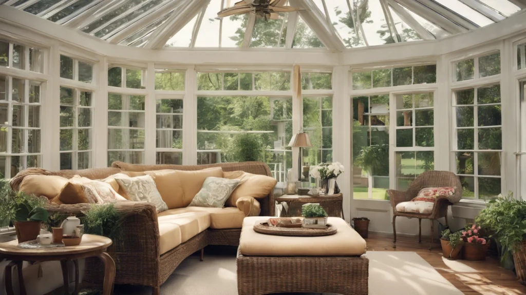 Sunroom with vaulted ceiling and skylights